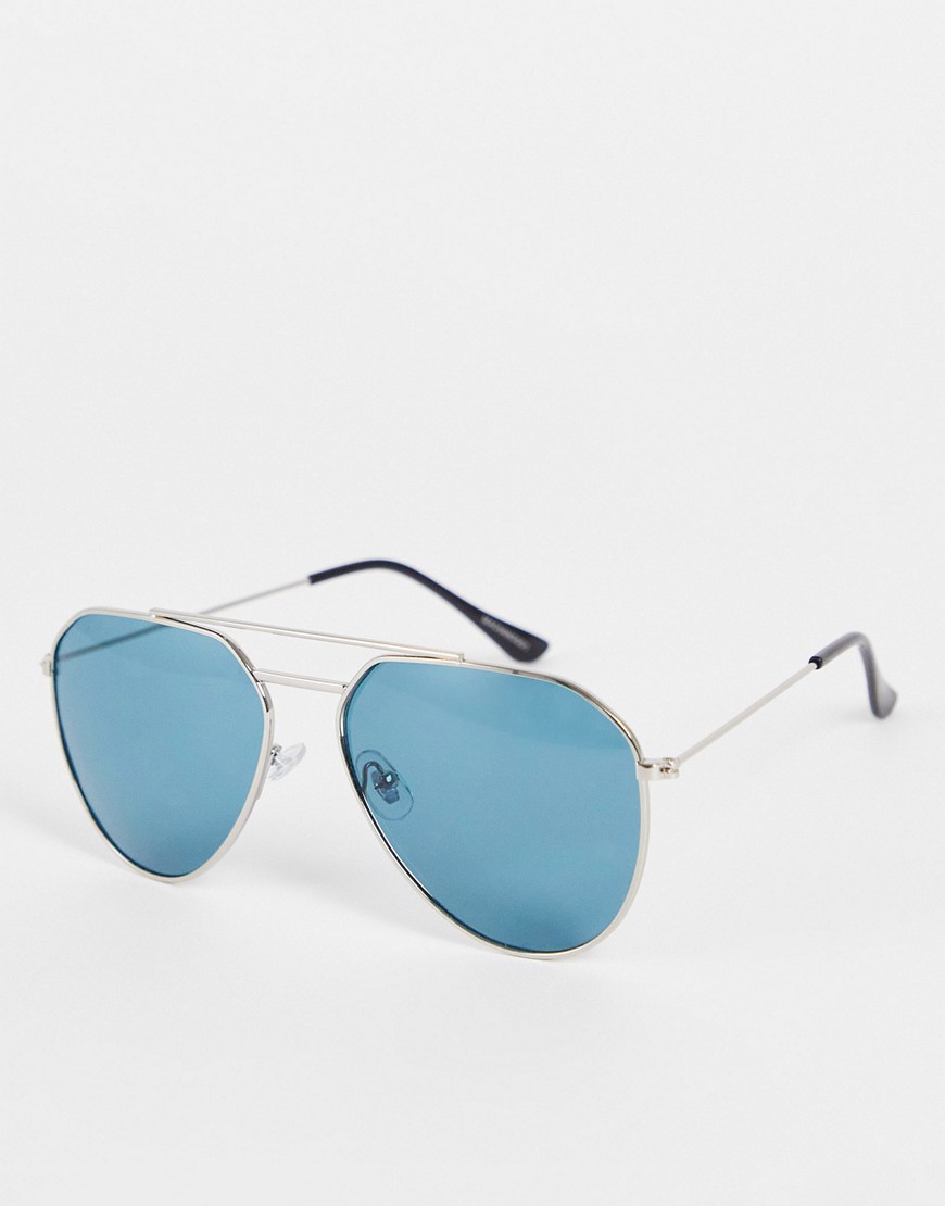Madein. Madein Classic Aviator Sunglasses In Silver With Blue Lens