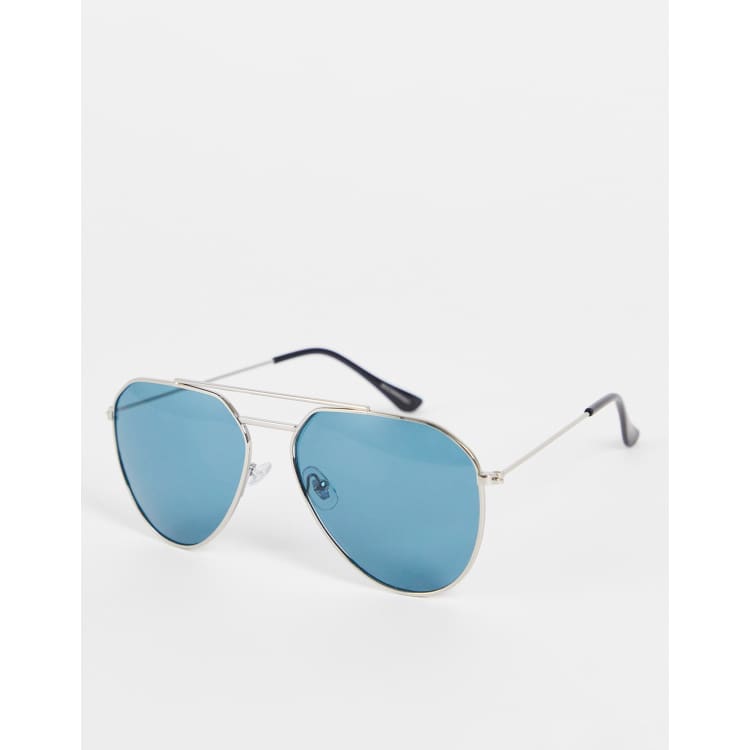 blue and silver aviator style sunglasses