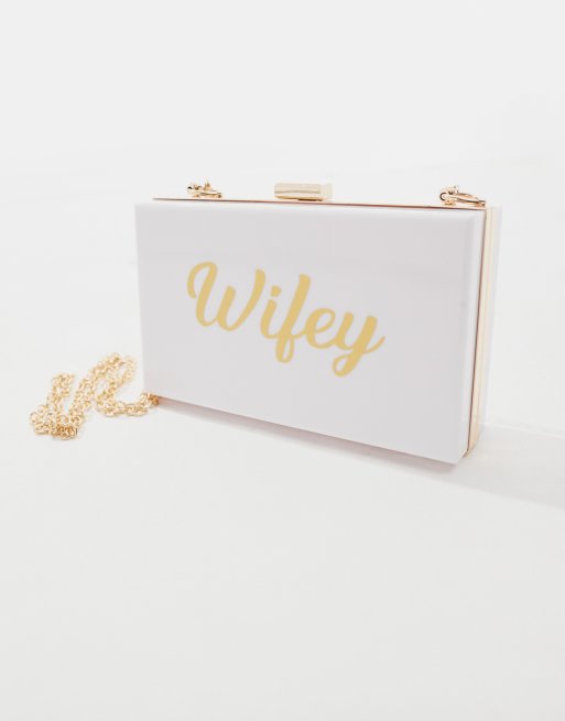 Madein. - Clutch-taske i marmorfarve med rhinsten og "Wifey"-print, 3 af 4