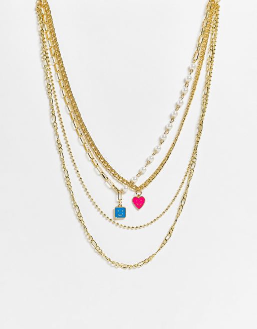 Madein - Collier à triple rang avec breloques colorées - Doré