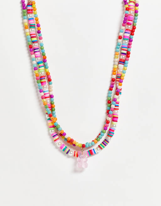 Madein - Collier de perles avec chaîne et ourson - Multicolore