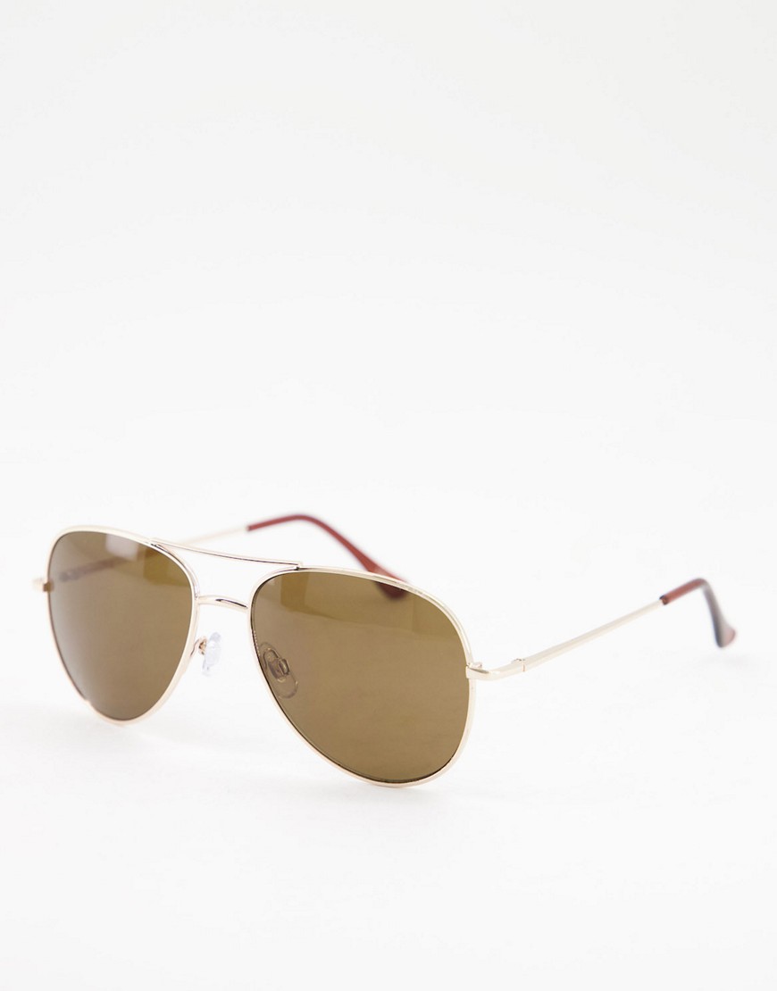Madein. double brow aviator sunglasses in gold and black-Brown