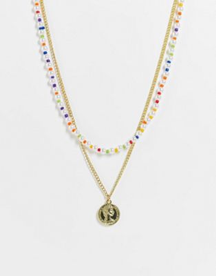 Madein. double layer necklace in beaded and coin pendant