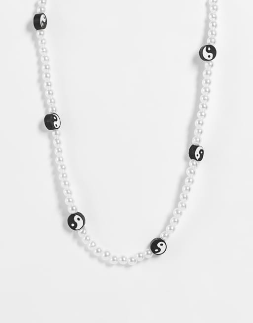Madein. faux pearl and yin yang beaded necklace