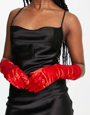 Madein. metallic elbow gloves in red
