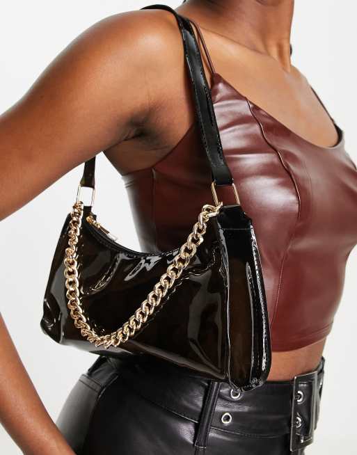 Leather Chain Bag, Black Patent, Shoulder Bags