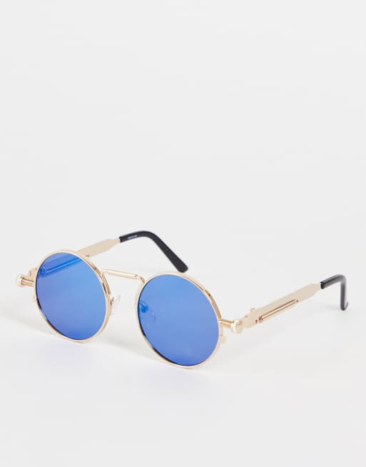 Madein - Ronde retro zonnebril in goud en blauw