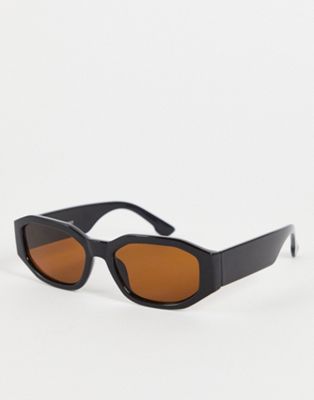 Madein. slim retro sunglasses in black with orange lens