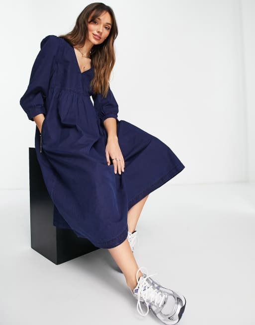blue silk dress long Blue Satin A-line Long Prom Dresses With High Slit SP798