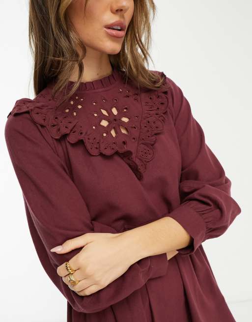 green emerald velvet dress Popelin Embroidered Flower Yoke Dress Blue-Off White / 5A main image 0