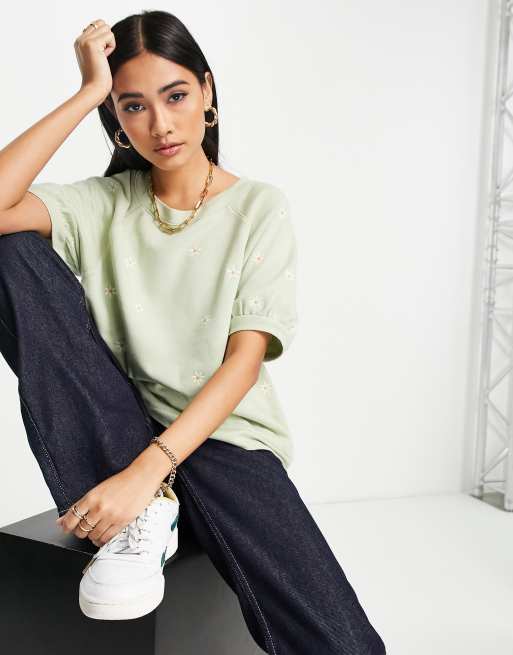 Madewell – Grön sweatshirt med korta ärmar och broderade tusenskönor, 2 av 4
