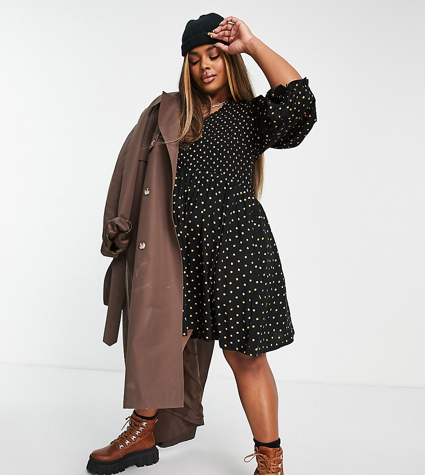 Plus-size dress by Madewell Next stop: checkout Polka-dot print V-neck Volume sleeves Shirred stretch top Side pockets Regular fit