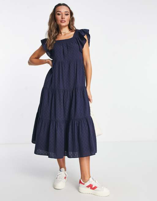 Madewell ruffle strap tiered midi dress in blue