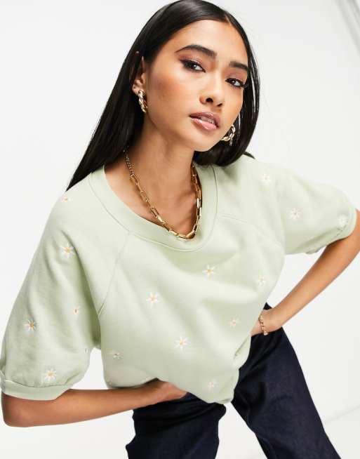 Madewell - Sweatshirt met korte mouwen en geborduurde madeliefjes in groen