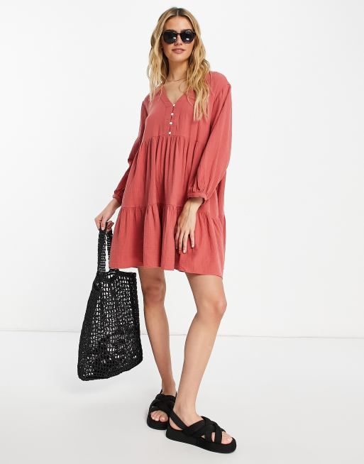 Madewell tiered button down dress in coral