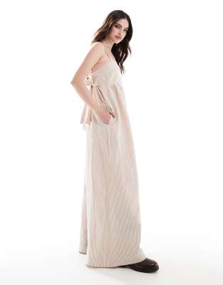 wide leg jumpsuit with back bow tie-up in natural stripe-Neutral