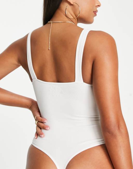 Magic Bodyfashion smoothing ribbed v neck thong body with square back detail in white, 4 of 4