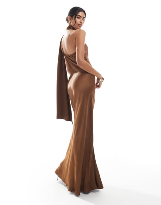 Maid to Measure - Brudepiger - Chokoladebrun maxikjole med oneshoulder-snit og tørklæde, 2 af 4