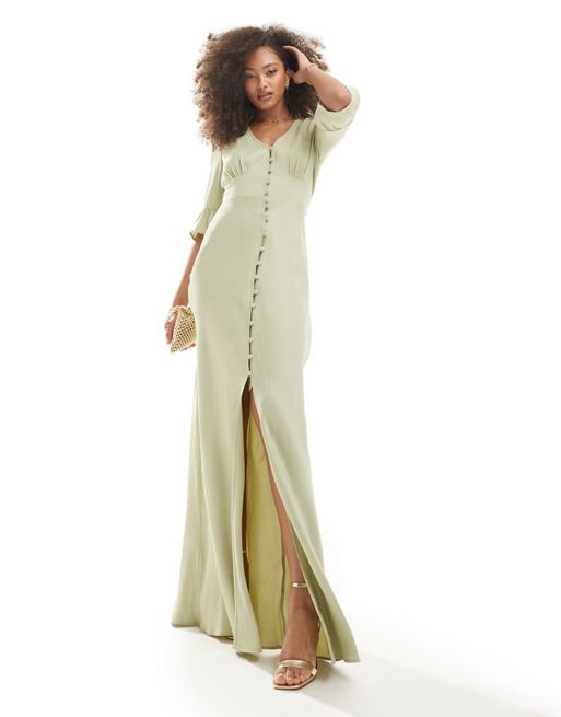 Maids to Measure Bridesmaid button font maxi dress in sage