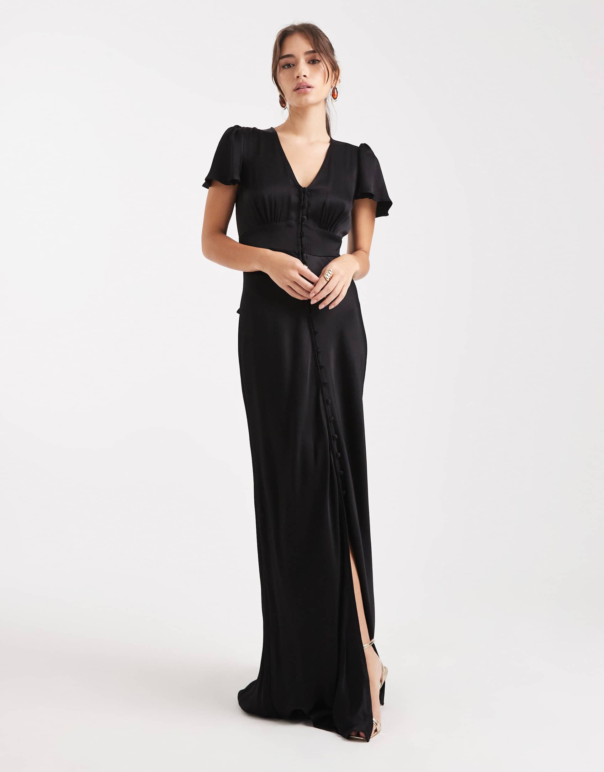 maids to measure bridesmaid cap sleeve button front maxi dress in black