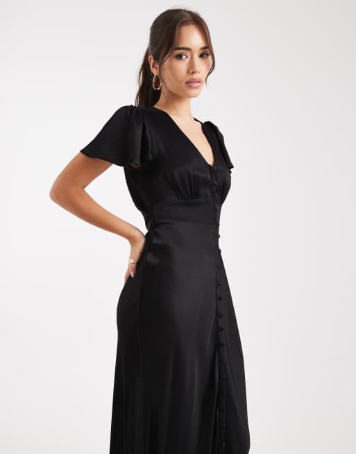 Maids to Measure Bridesmaid cap sleeve button front maxi dress in black, 2 of 4