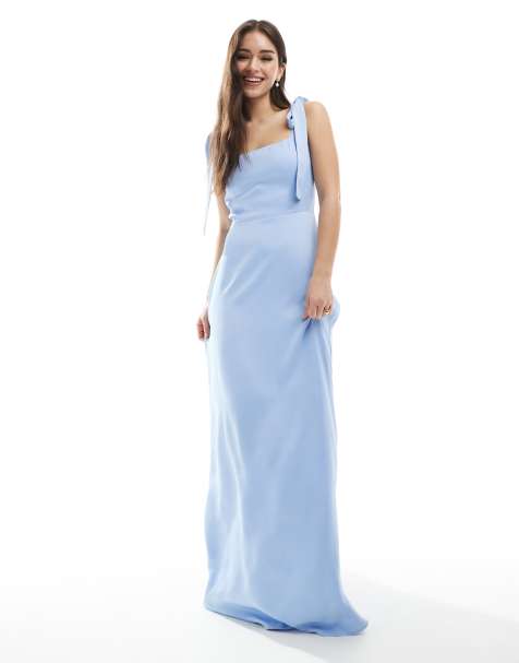 Maids to Measure Bridesmaid tie shoulder maxi dress in cornflower blue