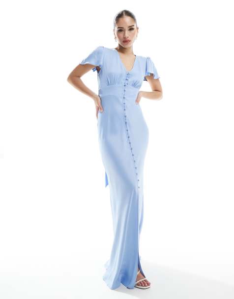 Maids to Measure Bridesmaid button front maxi dress in cornflower blue