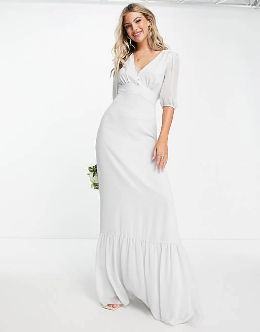 Maids to Measure bridesmaid chiffon maxi dress with puff sleeve in grey