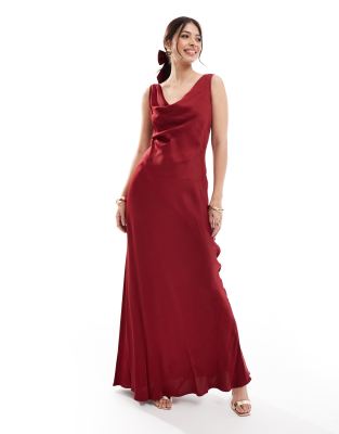 Bridesmaid cowl front maxi dress in burgundy-Red