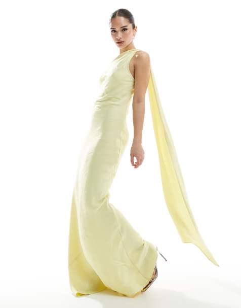 Maids to Measure Bridesmaid one shoulder scarf maxi dress in lemon