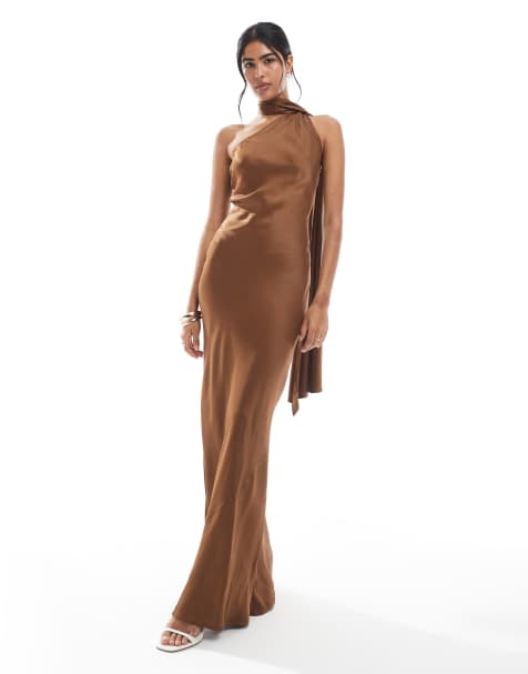 Maids to Measure Bridesmaid one shoulder scarf maxi dress in chocolate