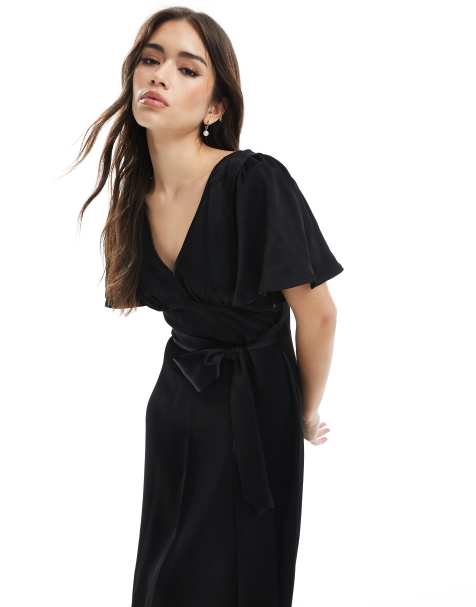 Maids to Measure Bridesmaid flutter sleeve maxi dress in black