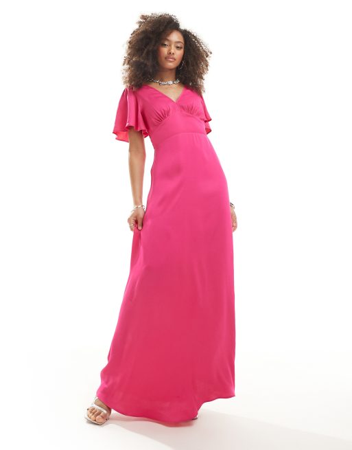 Maids to Measure Bridesmaid flutter sleeve maxi dress in bright pink ASOS