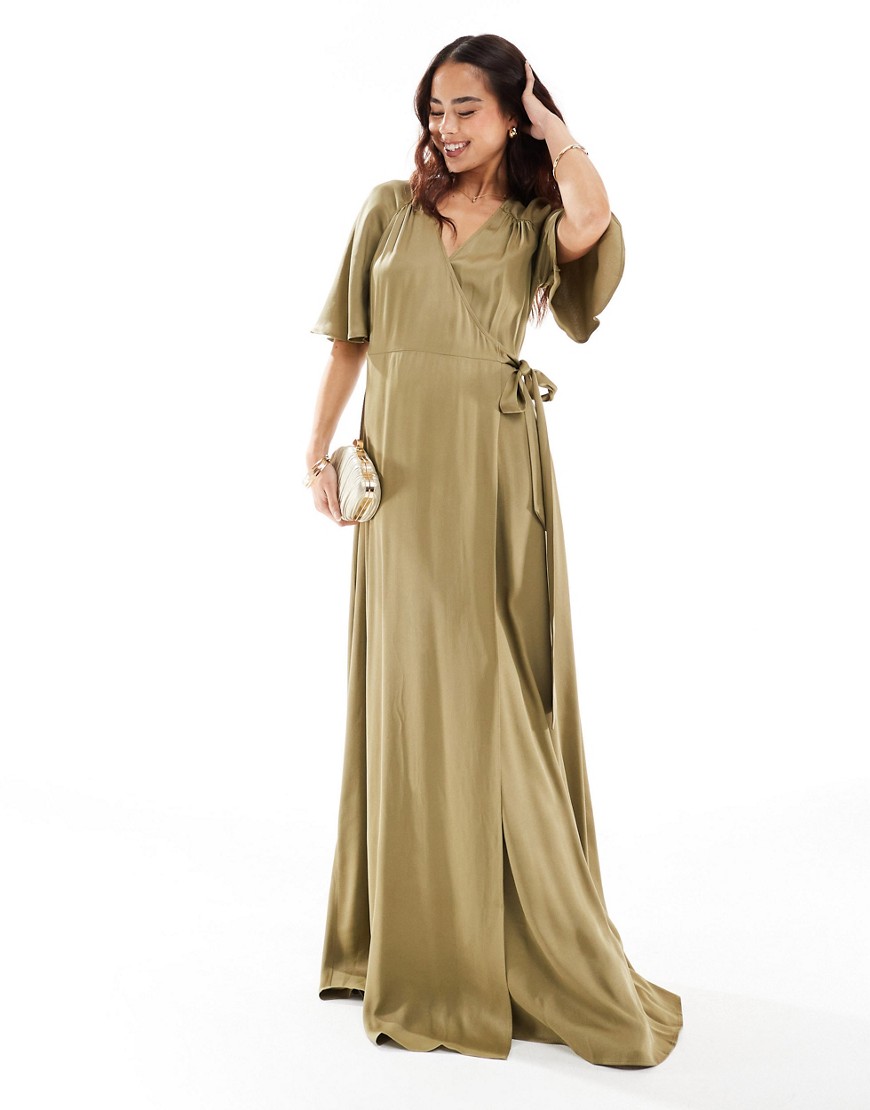 Maids to Measure Bridesmaid flutter sleeve maxi dress in olive-Green