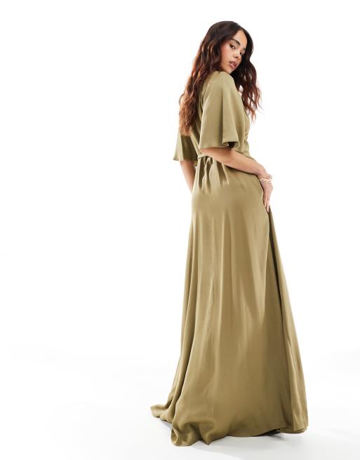 Maids to Measure Bridesmaid flutter sleeve maxi dress in olive ASOS