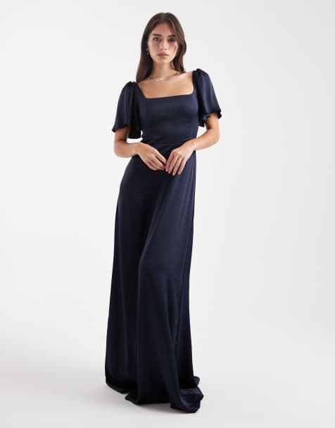 Maids to Measure Bridesmaid square neck flutter sleeve maxi dress in navy