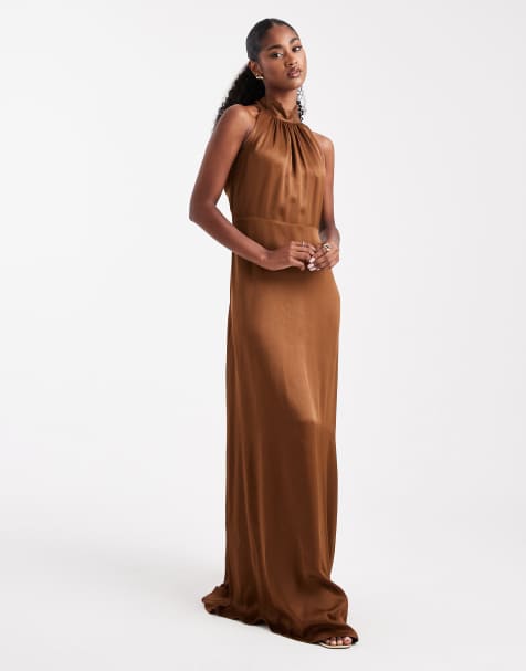 Maids to Measure Bridesmaid halter neck maxi dress in chocolate
