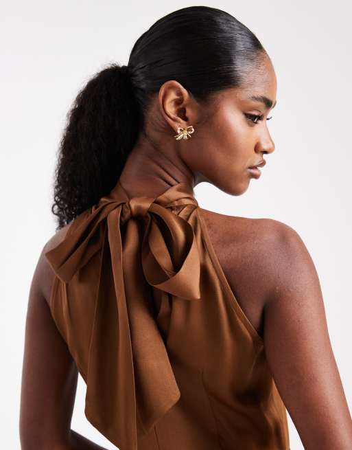 Maids to Measure Bridesmaid halter neck maxi dress in chocolate