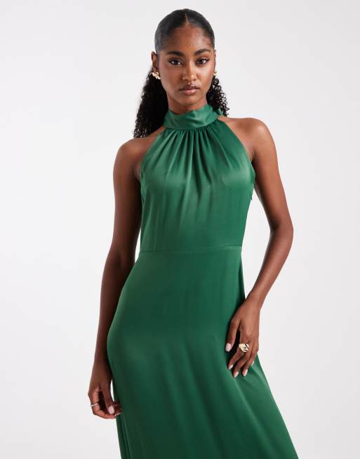 Zara Satin Petite Dresses Emerald Green Silk Midi Dress WAL G PETITE HALTER  NECK MAXI DRESS