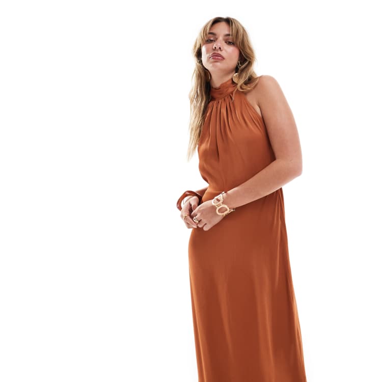 asos burnt orange bridesmaid dress ASOS DESIGN Bridesmaid maxi dress with satin curved neckline and split  detail in rust