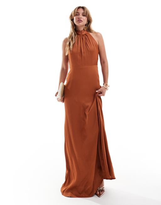 asos burnt orange bridesmaid dress ASOS DESIGN Bridesmaid maxi dress with satin curved neckline and split  detail in rust