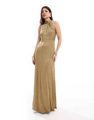 Bridesmaid high neck maxi dress in olive-Green