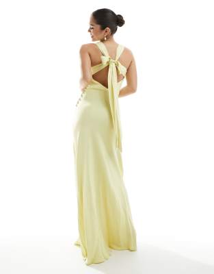Maids to Measure Bridesmaid high neck maxi dress with tie back in lemon-Yellow