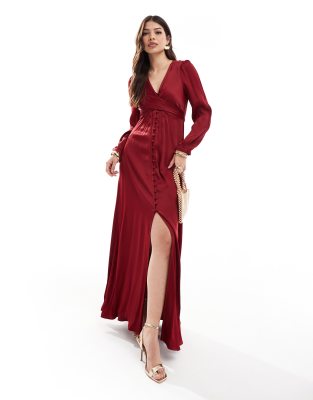 Maids to Measure Bridesmaid long sleeve button front maxi dress in burgundy-Red