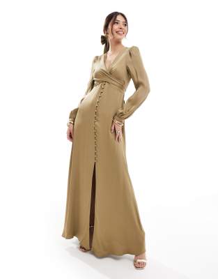 Bridesmaid long sleeve button front maxi dress in olive-Green