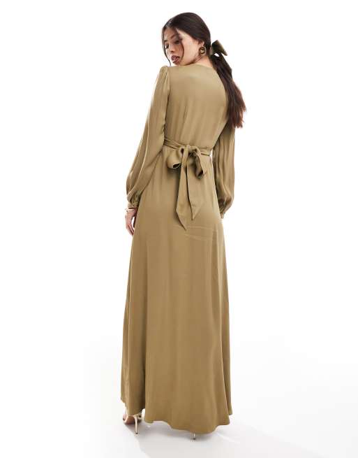 Maids to Measure Bridesmaid long sleeve button front maxi dress in olive ASOS