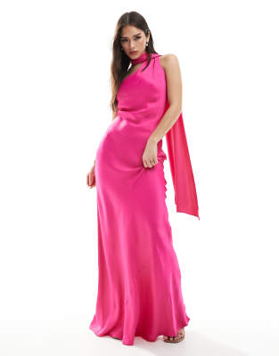 Maids to Measure Maids to Measure Bridesmaid multiway one shoulder scarf maxi dress in hot pink