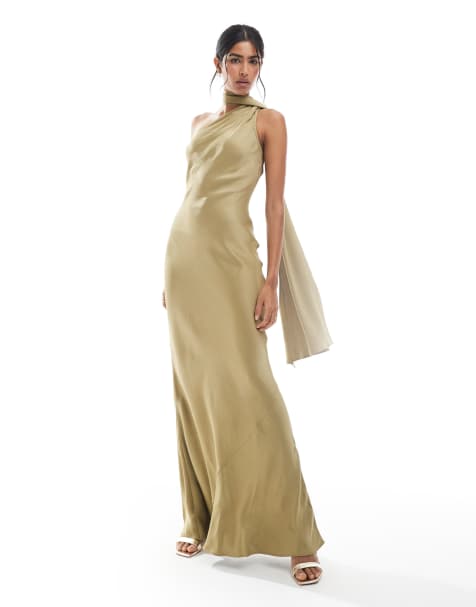 Maids to Measure Bridesmaid one shoulder scarf maxi dress in olive