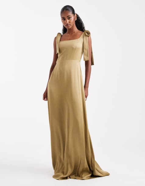 Maids to Measure Bridesmaid tie shoulder maxi dress in olive