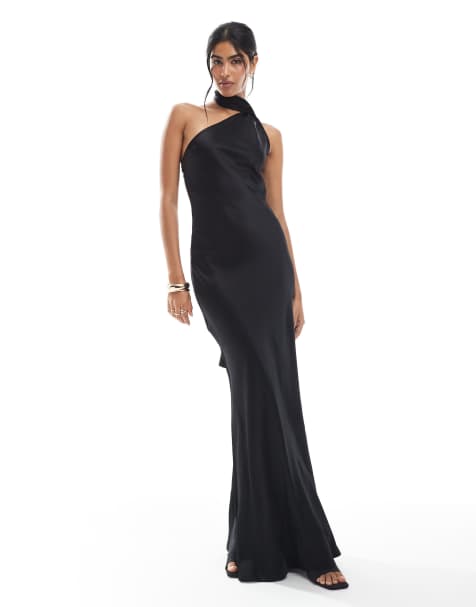 Maids to Measure Bridesmaid one shoulder scarf maxi dress in black - view 1